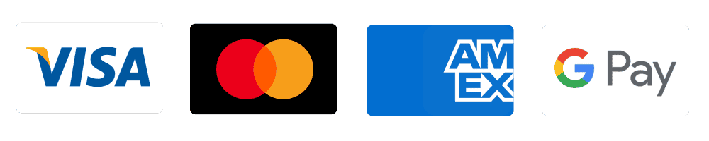 Visa, Mastercard, AMEX, and GPay logos